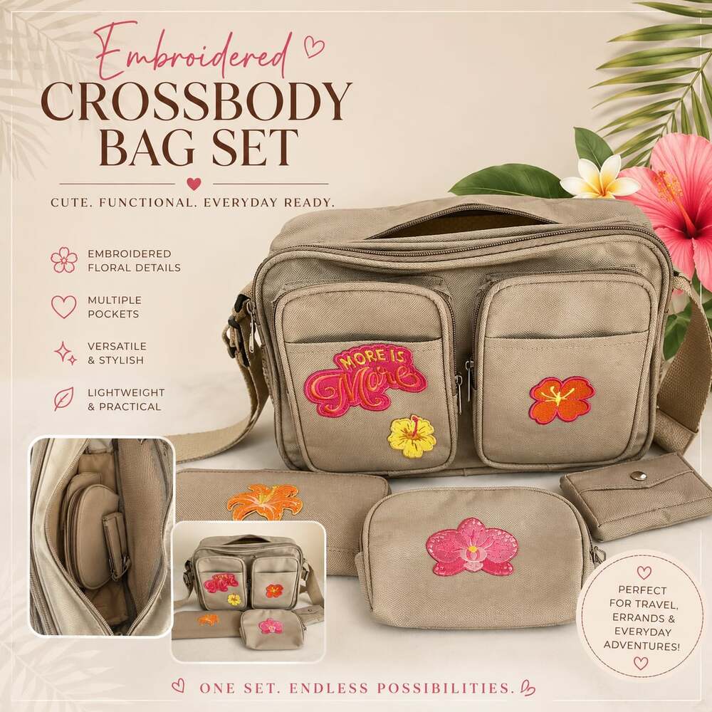 Embroidered Floral Crossbody Bag Set with Accessories